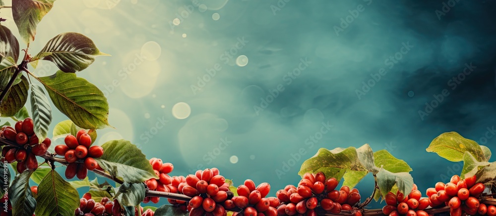 Coffee plant with ripe fruits and roasted beans close up in a decorative design