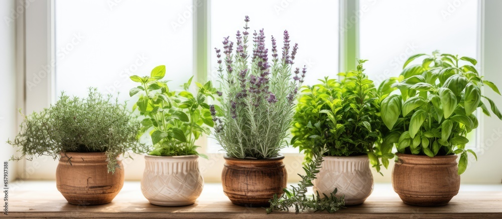 Indoor windowsill with variety of aromatic potted herbs