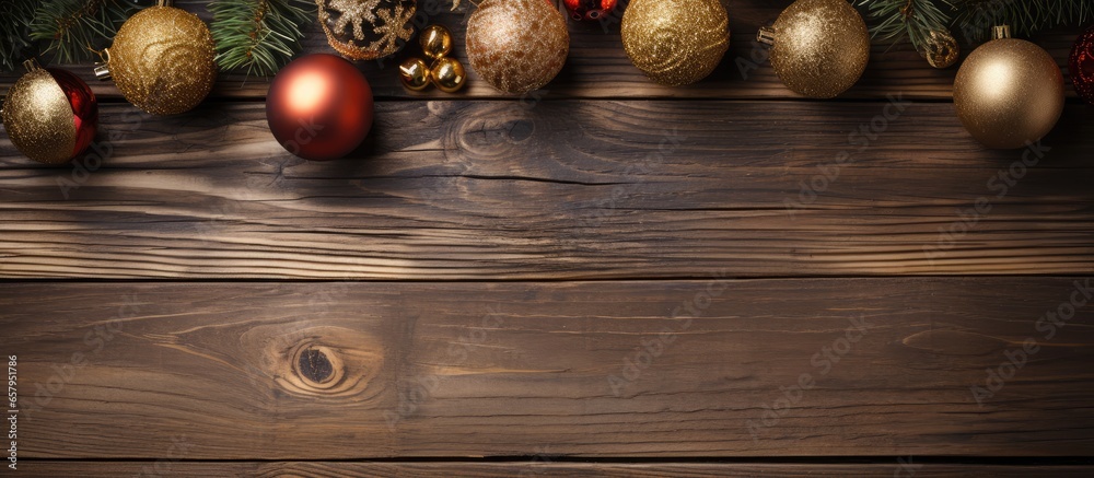 Festive Christmas decorations on brown wooden background empty space