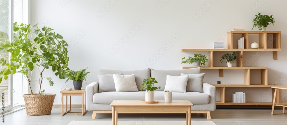Scandinavian style living room with plants and coffee table
