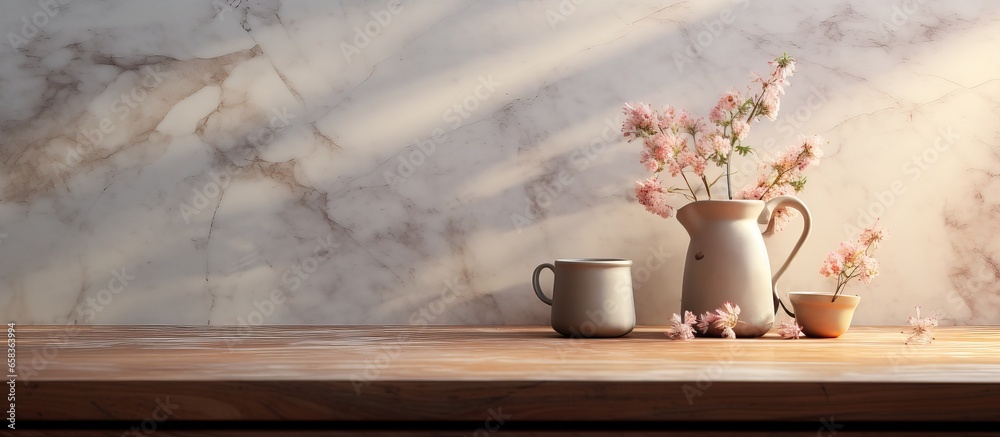 Blurred kitchen background with coffee accessories and product display