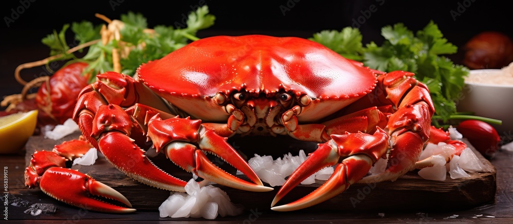 Fresh red crab on a wooden cutting board in a seafood restaurant kitchen