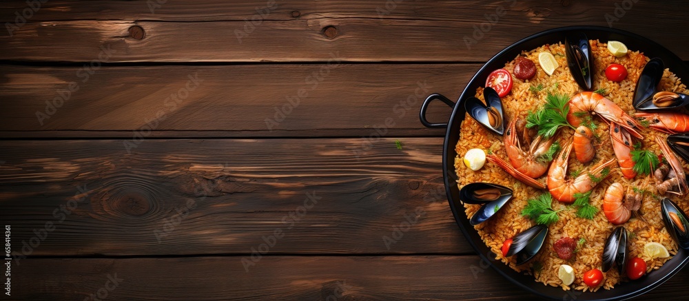 Seafood paella on old wooden table top view