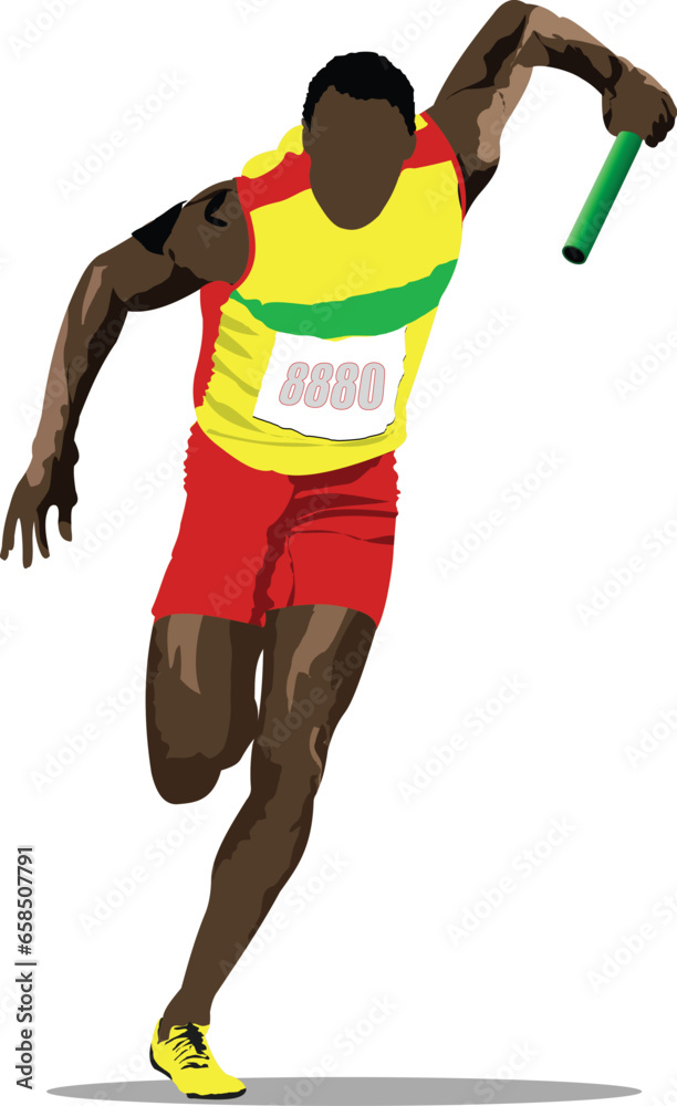 Athlete running with baton. 3d vector illustration..