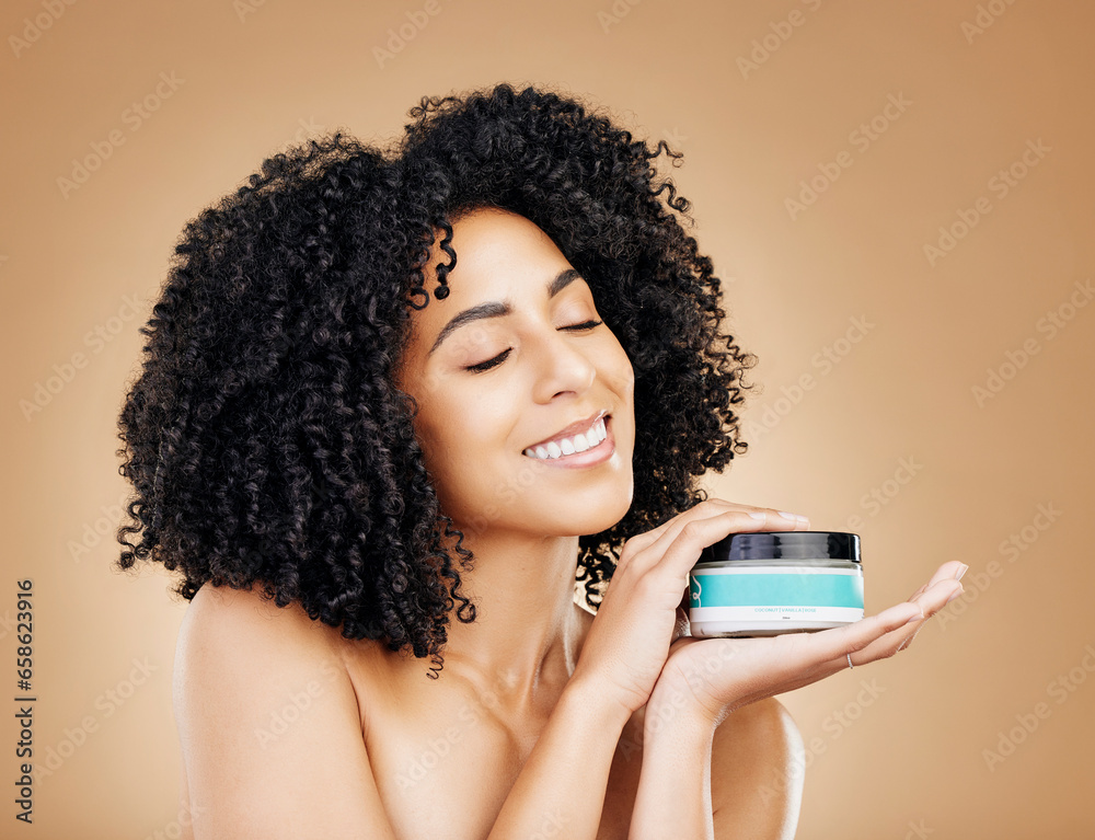 Happy woman, container and hair, product for curls and shine, beauty with smile and strong texture on studio background. Advertising, haircare cosmetics for growth and cosmetology with model and afro