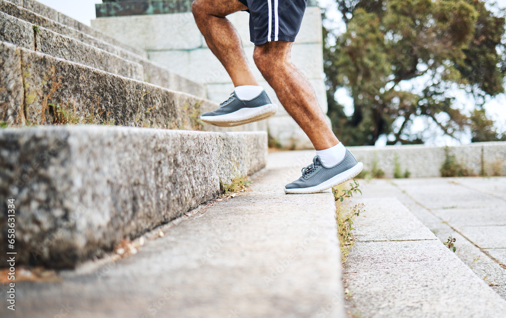 Man, legs and running on steps in fitness for workout, training or outdoor cardio exercise. Closeup of male person, shoes or hiking on stairs for sports, health or wellness in an urban town or city
