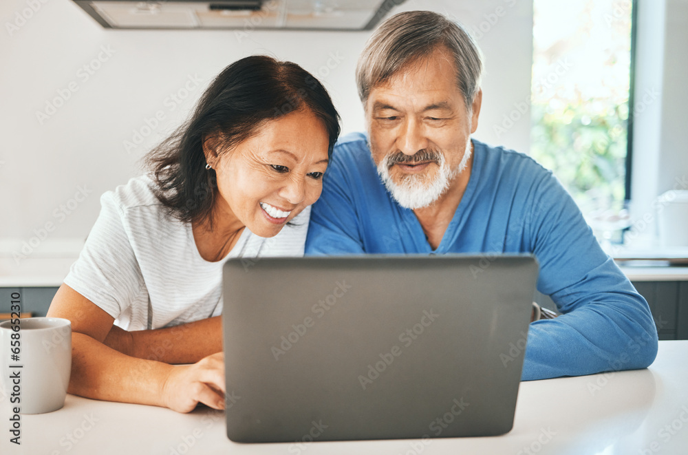 Home, smile and senior couple with a laptop, conversation and search internet with website info, network and typing. Kitchen, elderly man and old woman with a pc, email notification and connection