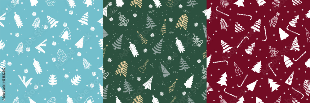 Many Christmas trees and decor on colorful background. Pattern for design