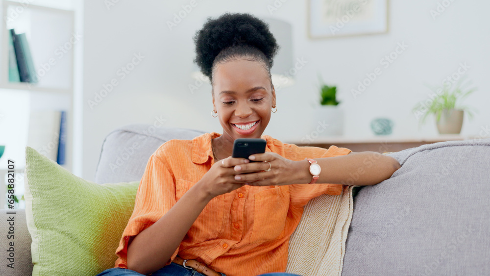 Smile, black woman and typing on smartphone on sofa, update social media post and mobile chat at home. Cellphone, app and download digital games, reading multimedia connection and online subscription