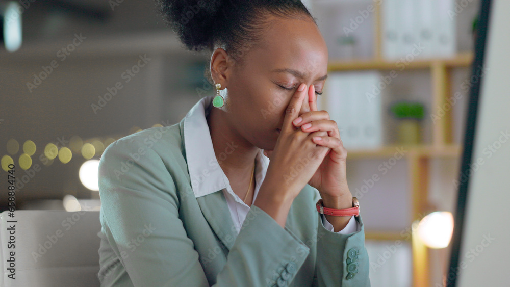 Stress, headache and black woman in office with fatigue, problem and overworked with health issue. African person, employee and consultant with computer, migraine and burnout with anxiety and tired