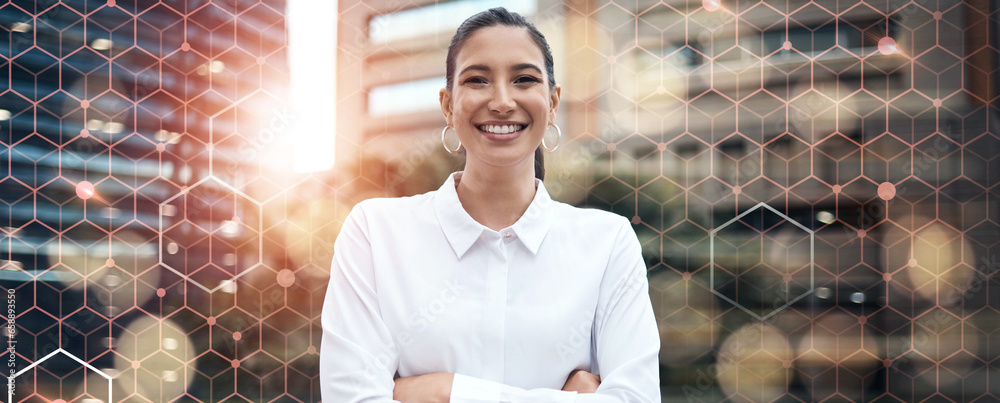 Portrait, business and woman on city with overlay, hexagon grid and corporate connectivity. Urban, buildings and happy with face of businesswoman with arms crossed, opportunity and digital network