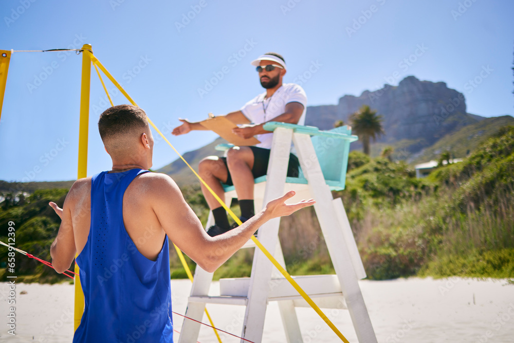 Volleyball, angry referee and man rules in match, competition and sport outdoor. Workout, game and male person with people, frustrated athlete and beach court on sand in summer with notes by ocean