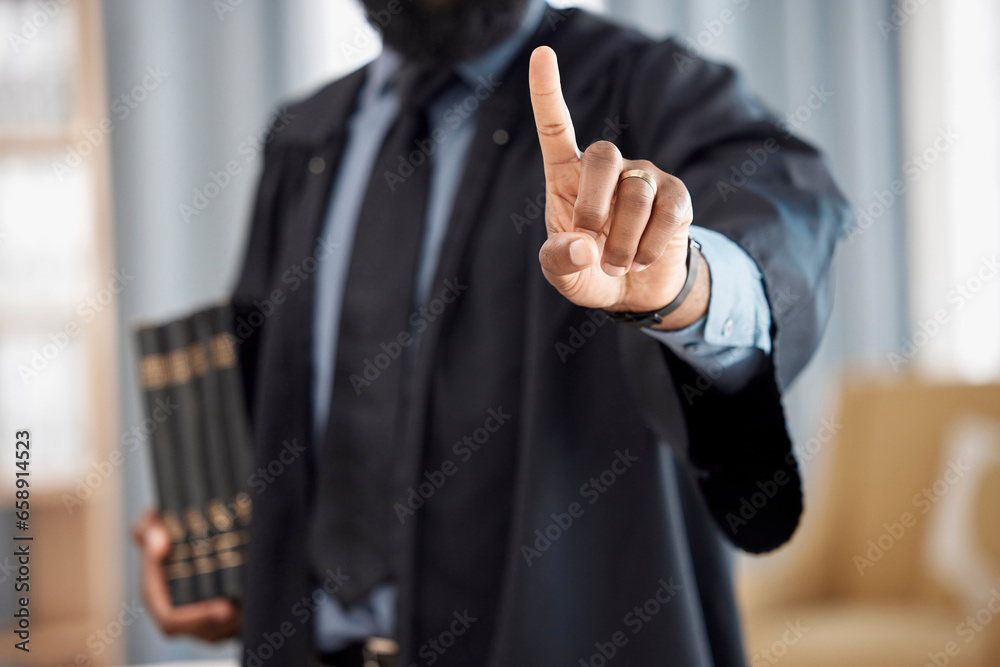 Person, lawyer and finger for rejection gesture in counsel, consultant or advocate in law firm. Attorney, standing in office and warning or tip in case, constitution and legal handbook or legislation