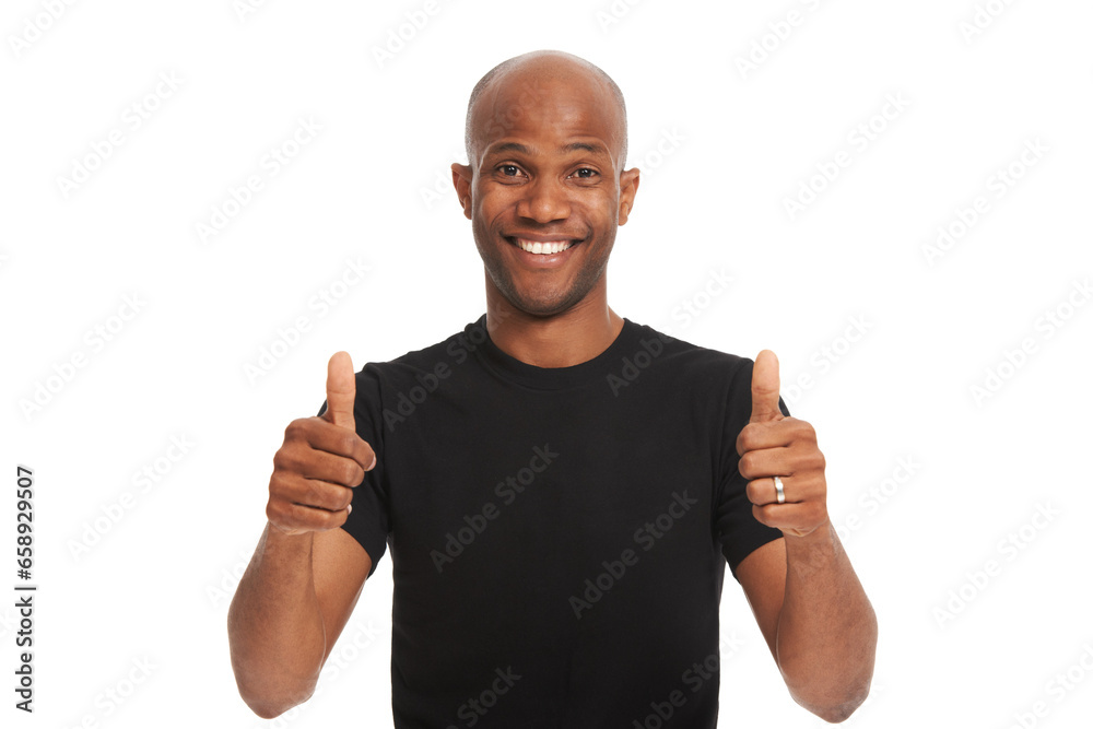 Studio portrait, man and thumbs up with smile for vote emoji, feedback and review on white background. Black model, face and hand gesture for yes with positive, agreement and winner with approval