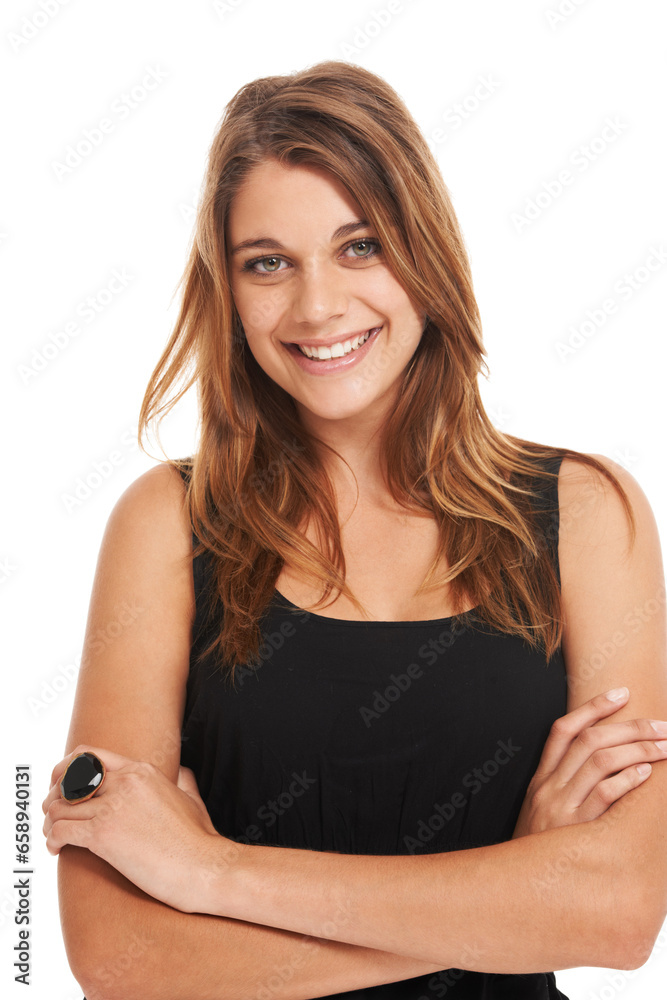 Woman, arms crossed or smile studio confident fashion outfit or advertising branding promotion. Female model person, natural pose or portrait happy emoji face, runway clothes or designer style trend
