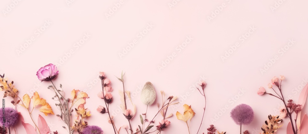 Flat lay of pink dried flowers on pastel background