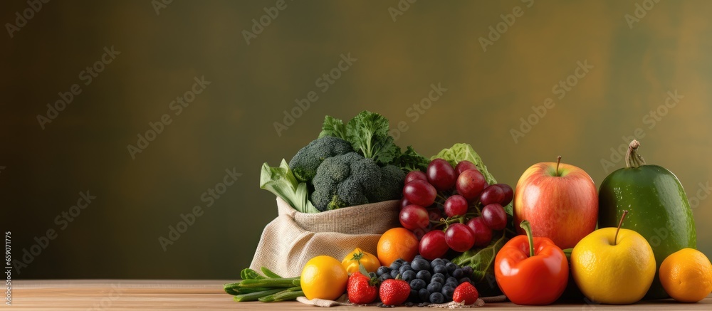 Organic fruits vegetables vegan ingredients in bag clean eating concept