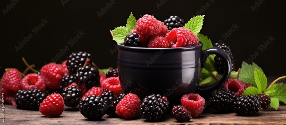 Top view of vintage mug with fresh dark berries over rustic background space for text Concept Agriculture gardening harvest