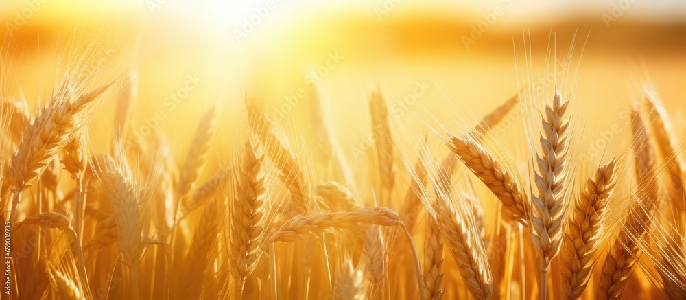 Breathtaking countryside scenery with golden wheat radiant sunlight and serene ambiance