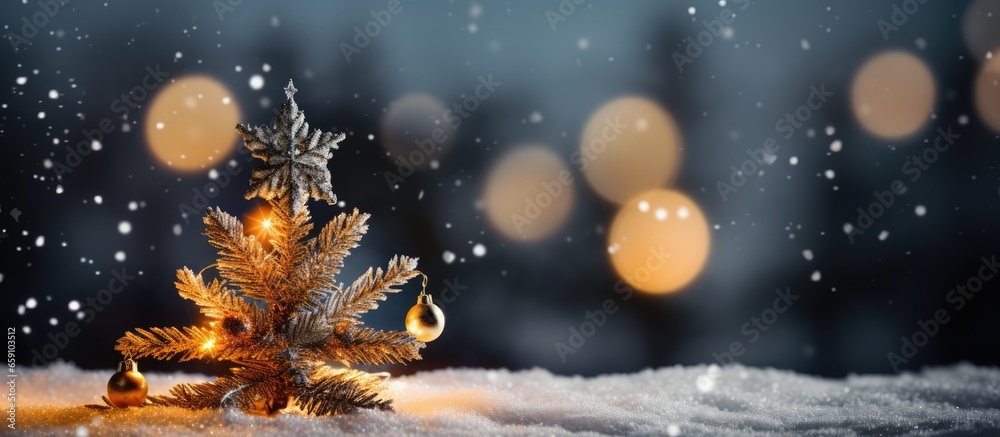 Christmas tree closeup with snowy background and vintage color tone