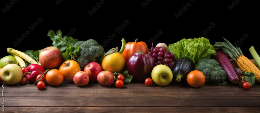 Fruit and veg pile on wood backdrop