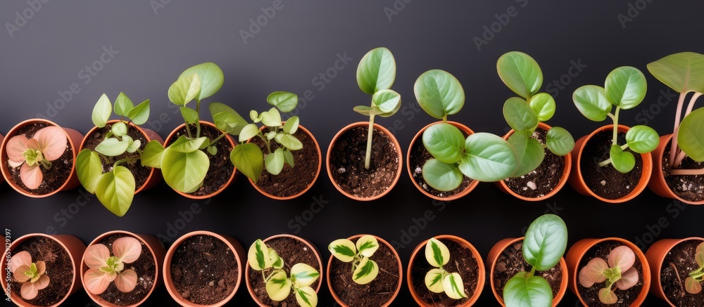 Potted sprout plants indoors on shelves after replanting