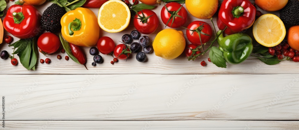 Assorted fruits and vegetables on white background seen from above