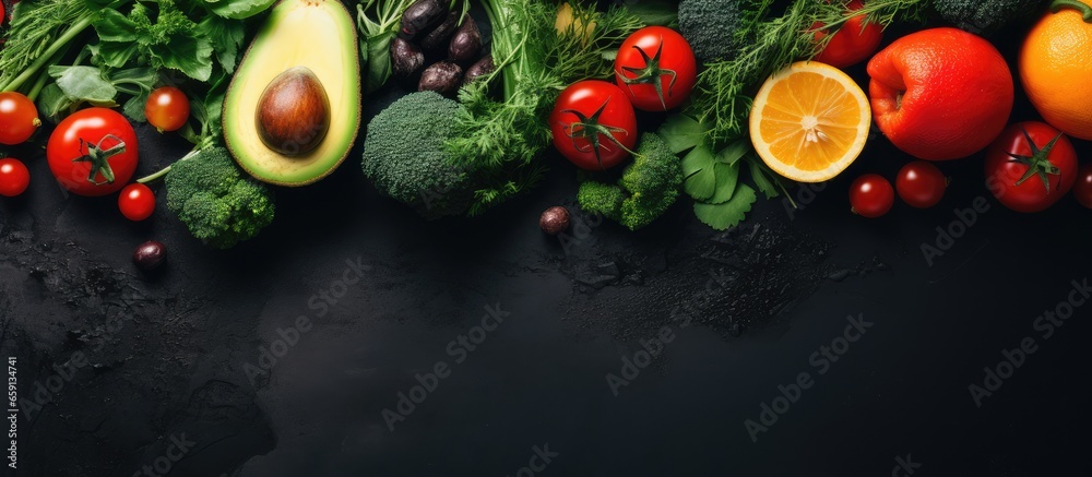 Minimalistic arrangement of vegetarian food ingredients with natural elements Raw food idea featuring avocado kale and tomatoes Organic produce on concrete backdrop room to add text Clean nu
