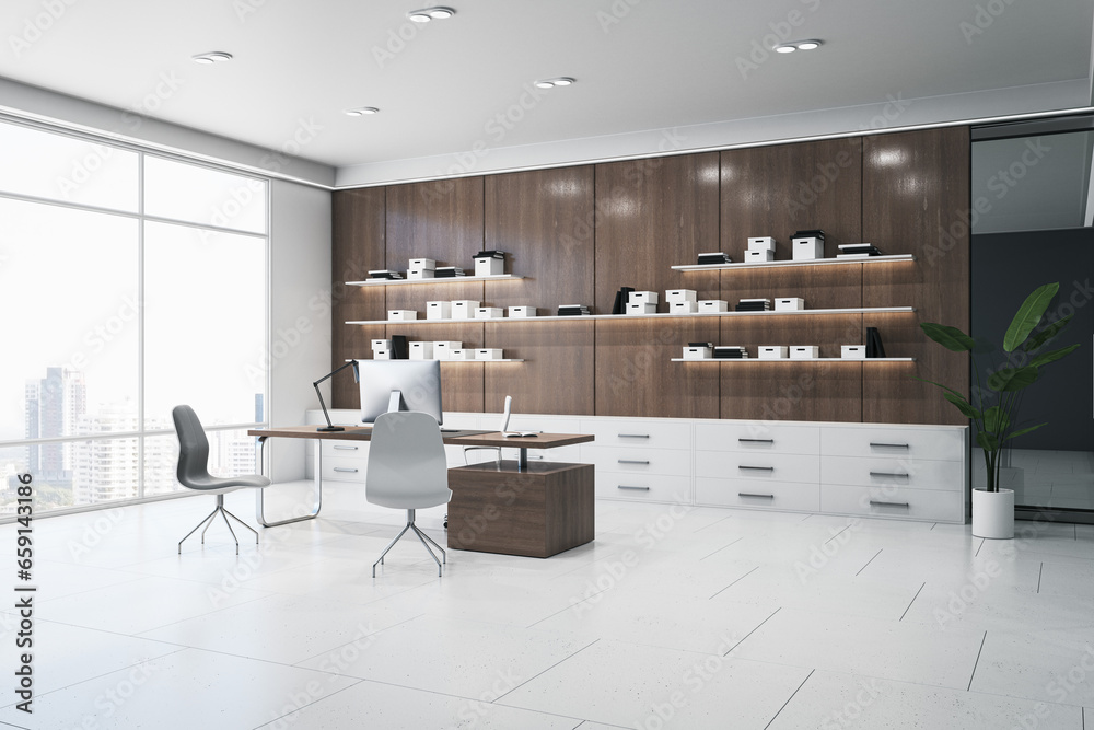 Luxury wooden and concrete office interior with furniture, bookshelves with books, window with city view and daylight. Work and education concept. 3D Rendering.