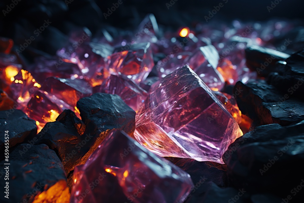 Luminescent purple crystals nestled among glowing embers and rough stones