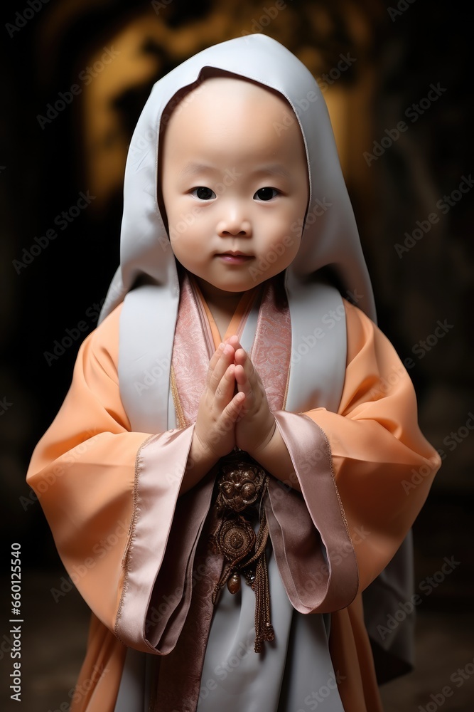Little monk with a bald head, A little boy.
