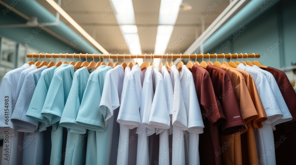 A medical workers shirt hangs on a rack.