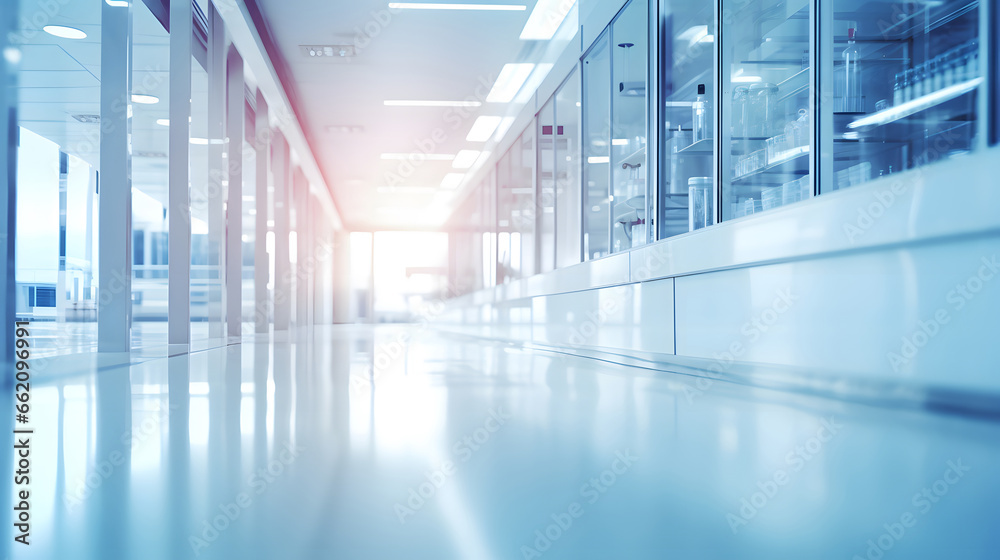 Abstract defocused blurred technology space background, empty business corridor or shopping mall. Medical and hospital corridor defocused background with modern laboratory