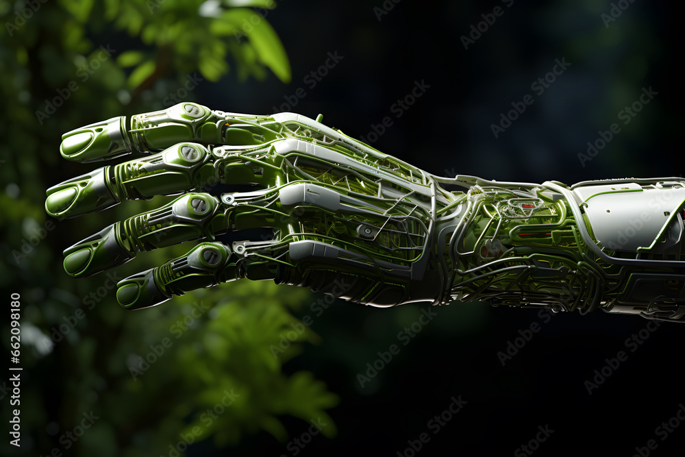 Green technology conceptual design, human arm covered with grass and lush and robotic hand