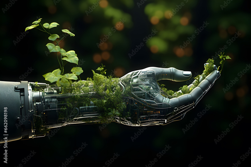 Green technology conceptual design, human arm covered with grass and lush and robotic hand