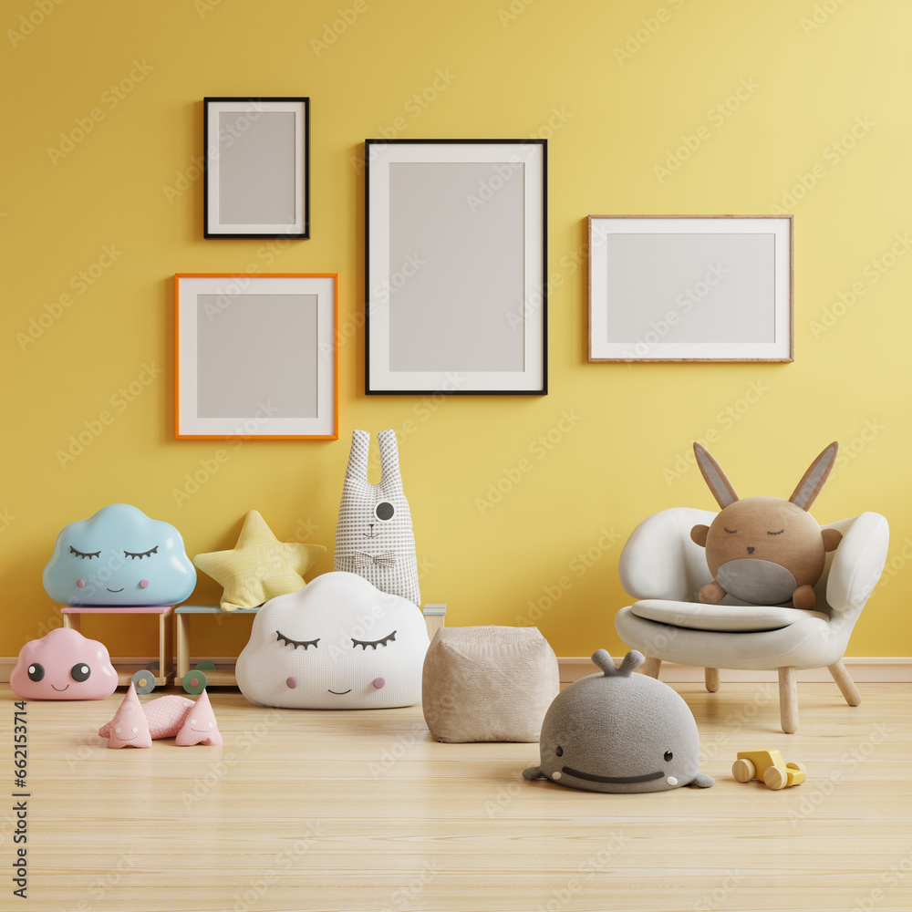 Nursery digital mockup in living room with a yellow wall
