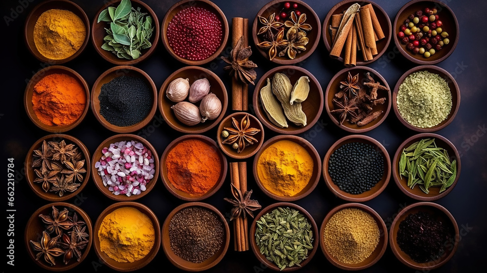 Collection of different aromatic spices and herbs in a wooden plates on dark background, view from above. Generative AI