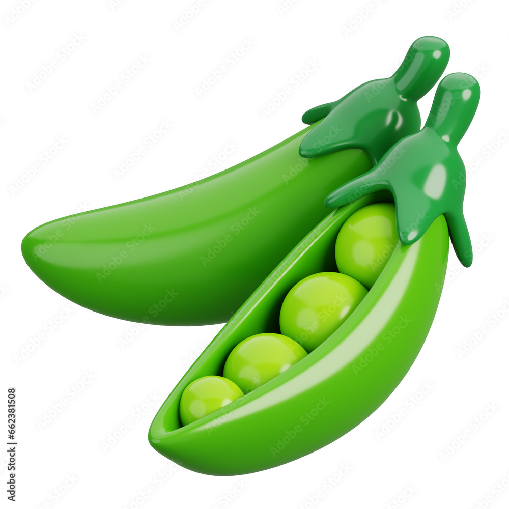 Cartoon fresh green pea pod with beans vegetable isolated on white. 3d render illustration.