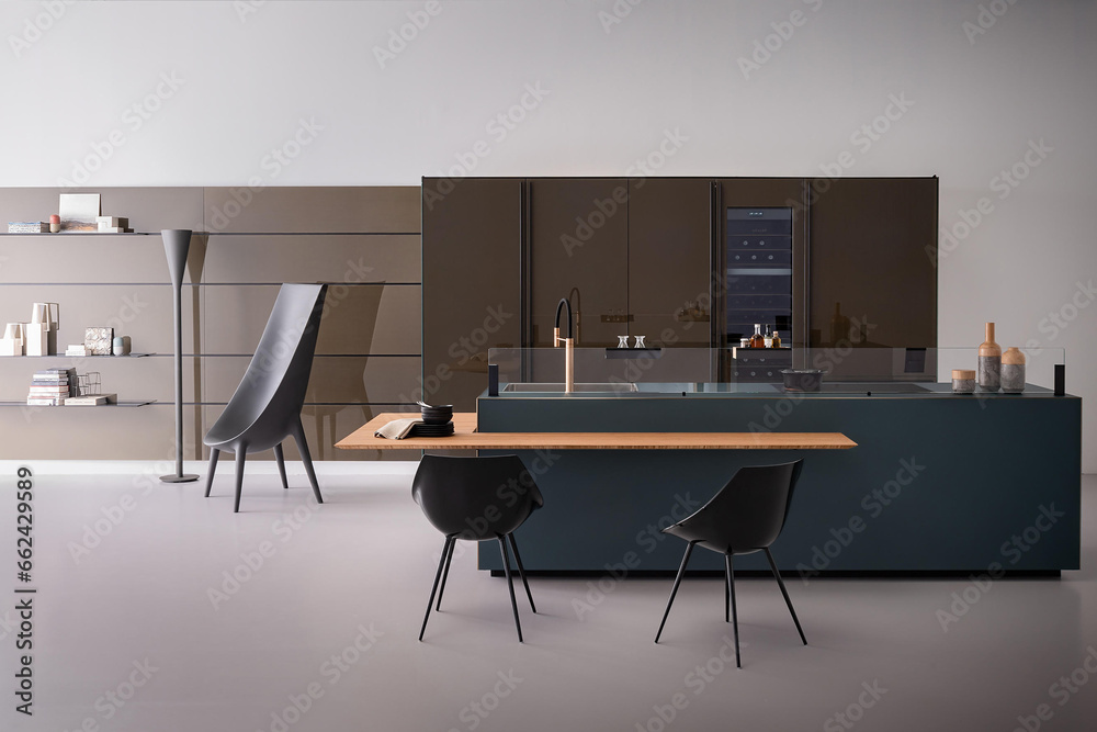 Modern luxury kitchen interior in minimal scandinavian style, 3d render
