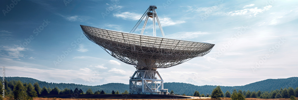 a Radio telescope pointing to the blue sky.
