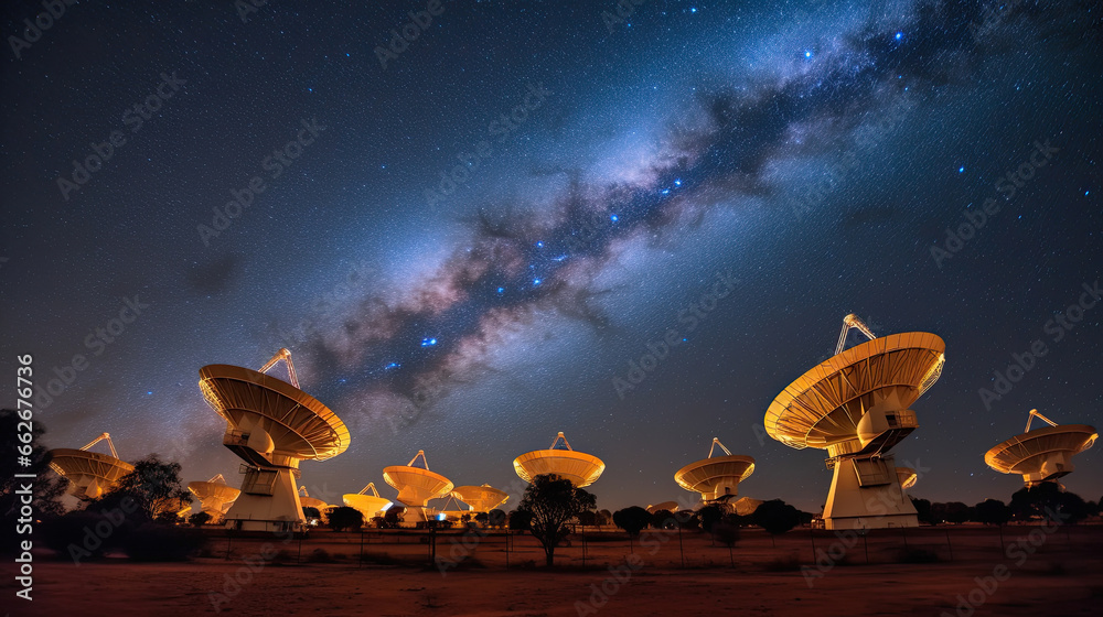 Radio telescopes or satellite dishes and the milky way at night.