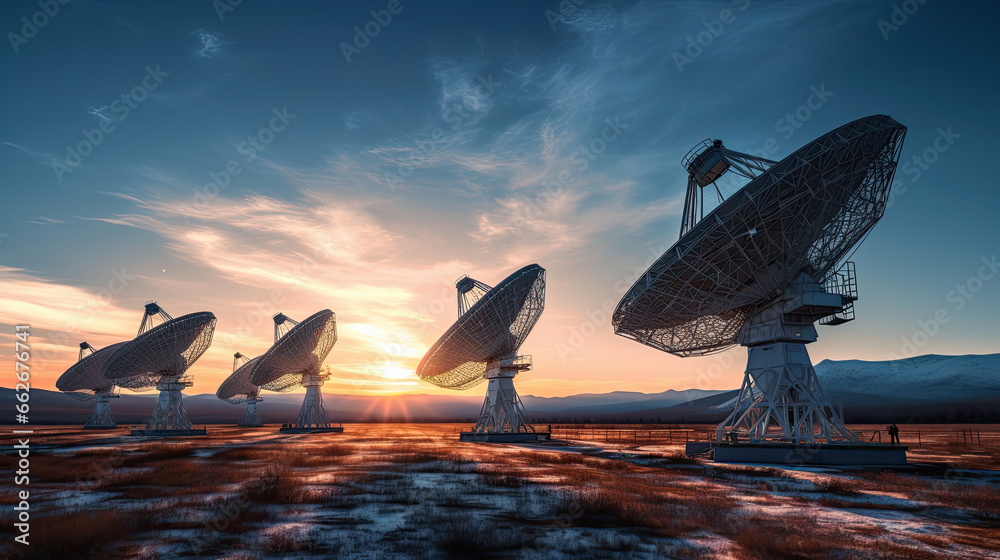 Radio telescopes aligned in the sky at sunset.
