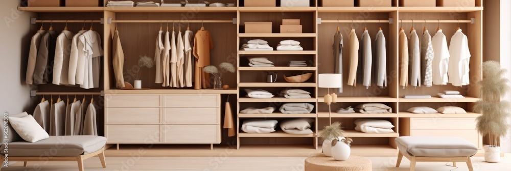 Walk in closet and wardrobe in beige tones with wooden design in an open area.