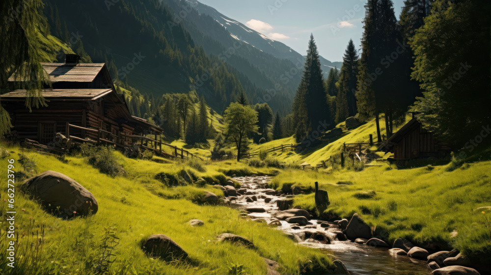 Beautiful mountain landscape with a wooden house in the middle of the valley
