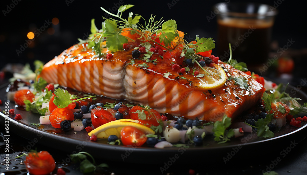 Grilled salmon fillet on a plate, a healthy gourmet meal generated by AI