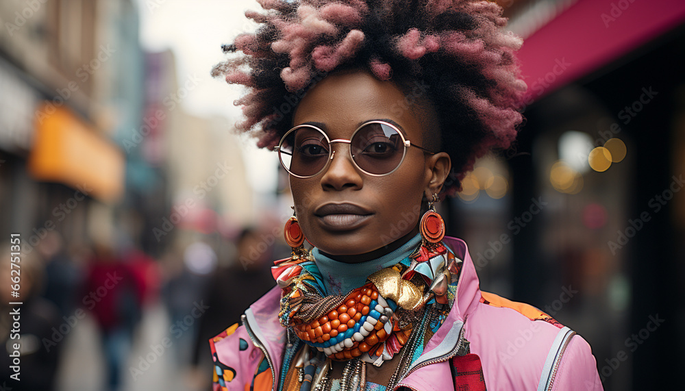 Smiling young woman with afro and sunglasses exudes confidence generated by AI