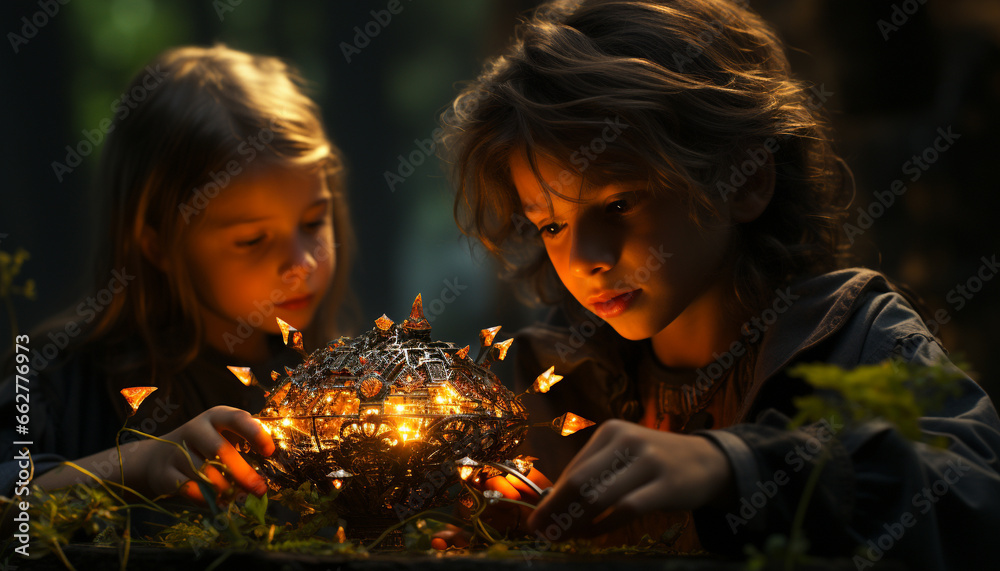 Childhood joy  two cute girls playing, blowing candle flame together generated by AI