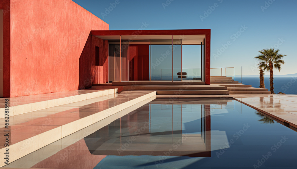 Modern architecture, luxury apartment, glass window, wooden flooring, swimming pool reflection generated by AI
