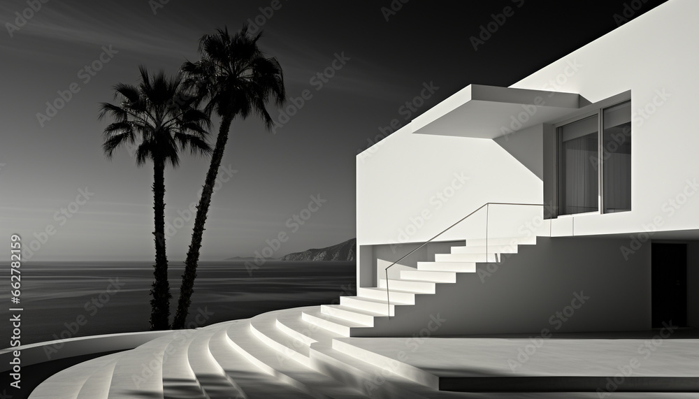 Modern luxury apartment with staircase, window, and digitally generated landscape generated by AI