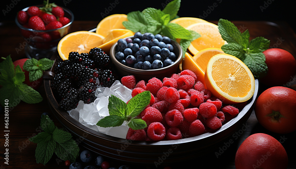 Freshness and abundance of berry fruit on a wooden table generated by AI